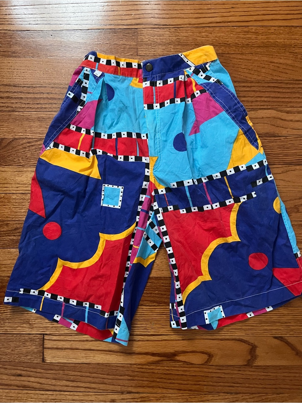 Vintage Bold Geo Patchwork Shorts in Blue, Red, Yellow